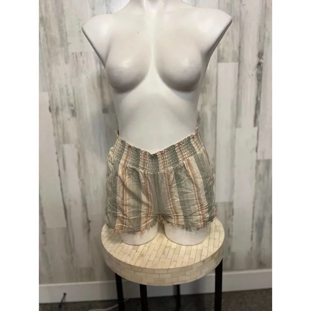 Derek Heart Sage Green Orange Striped Smocked Shorts Womens Size Small S Frayed